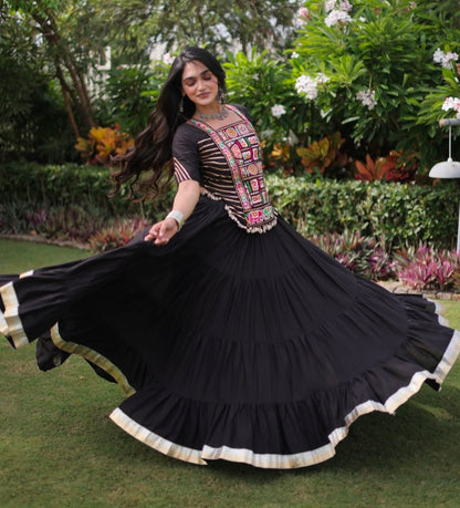 Black Pure Kora Cotton with Standard kutchi Patchwork Navratri Lehenga Choli
