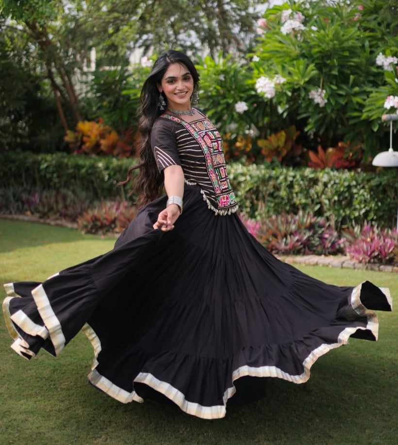 Black Pure Kora Cotton with Standard kutchi Patchwork Navratri Lehenga Choli
