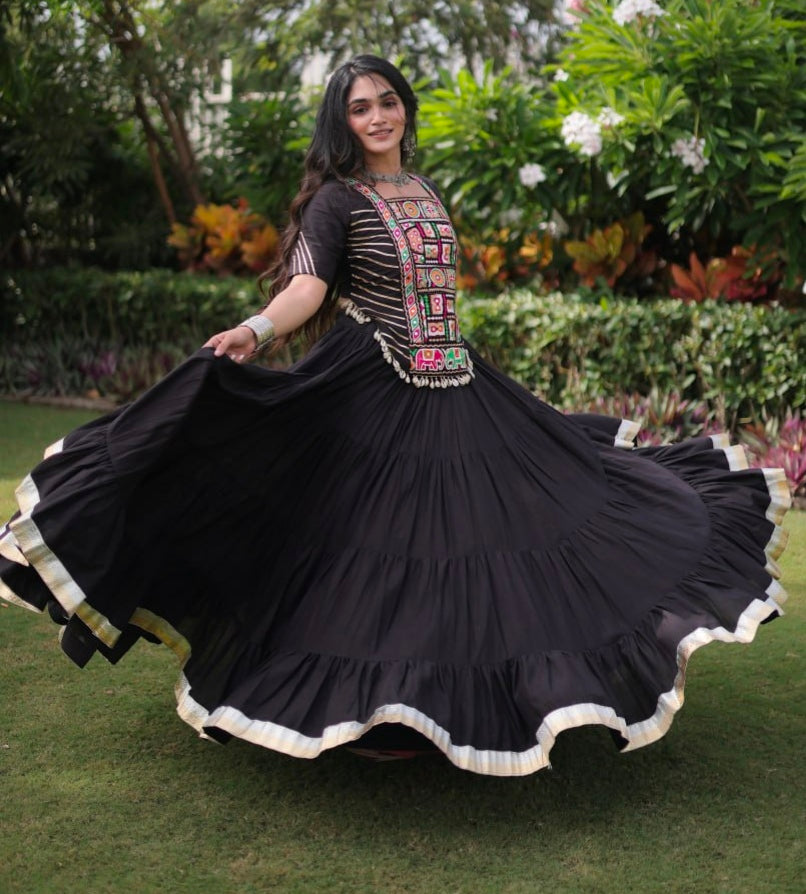 Black Pure Kora Cotton with Standard kutchi Patchwork Navratri Lehenga Choli