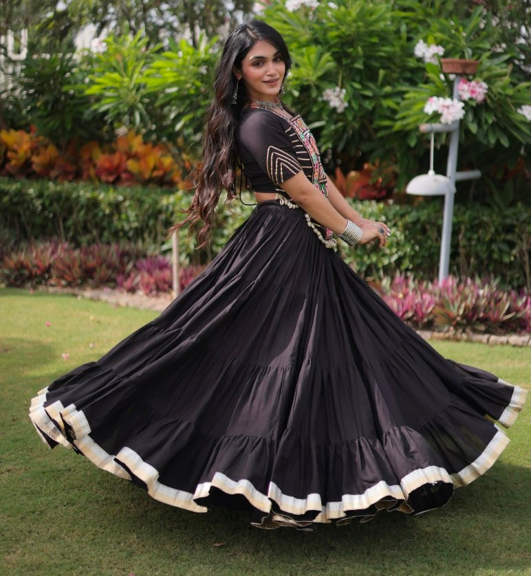 Black Pure Kora Cotton with Standard kutchi Patchwork Navratri Lehenga Choli