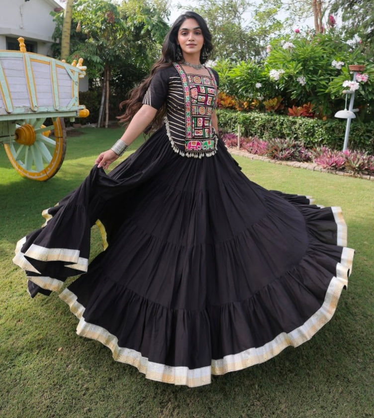 Black Pure Kora Cotton with Standard kutchi Patchwork Navratri Lehenga Choli