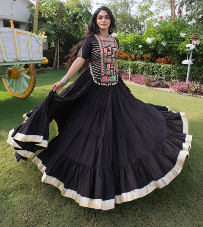 Black Pure Kora Cotton with Standard kutchi Patchwork Navratri Lehenga Choli