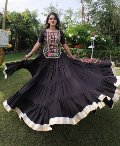 Black Pure Kora Cotton with Standard kutchi Patchwork Navratri Lehenga Choli
