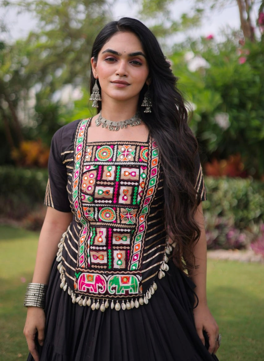 Black Pure Kora Cotton with Standard kutchi Patchwork Navratri Lehenga Choli