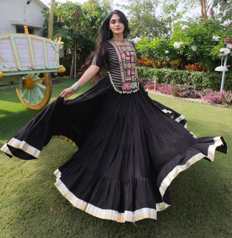 Black Pure Kora Cotton with Standard kutchi Patchwork Navratri Lehenga Choli