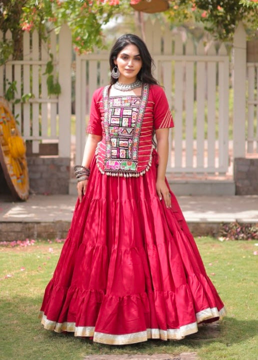 Red Pure Kora Cotton with Standard kutchi Patchwork Navratri Lehenga Choli