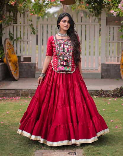 Red Pure Kora Cotton with Standard kutchi Patchwork Navratri Lehenga Choli