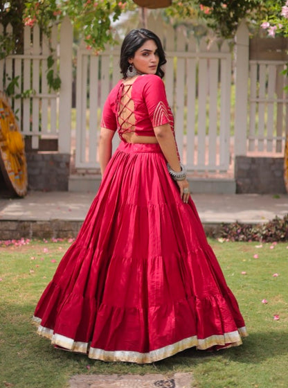 Red Pure Kora Cotton with Standard kutchi Patchwork Navratri Lehenga Choli