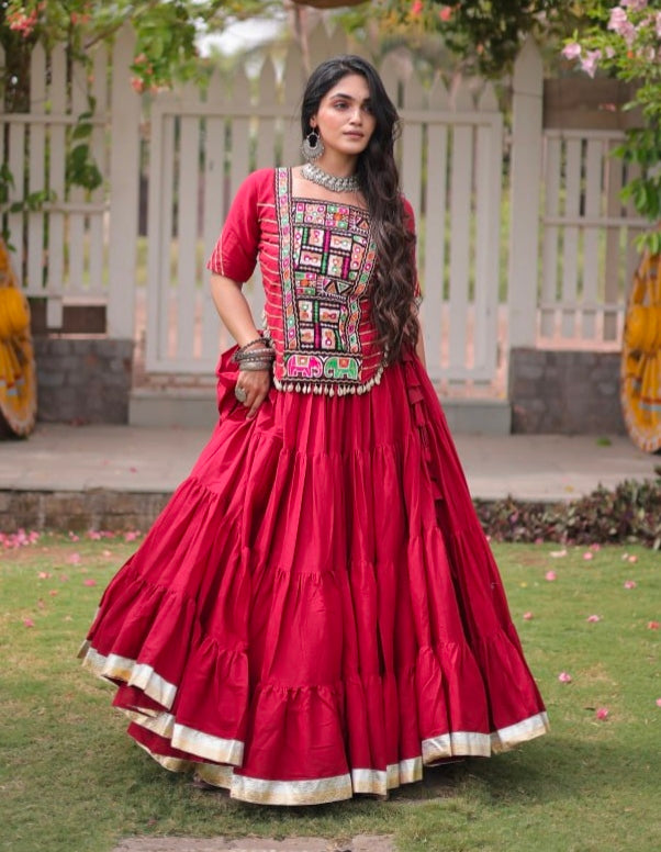 Red Pure Kora Cotton with Standard kutchi Patchwork Navratri Lehenga Choli