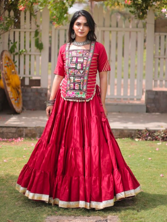 Red Pure Kora Cotton with Standard kutchi Patchwork Navratri Lehenga Choli