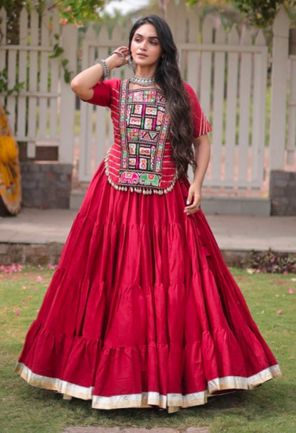 Red Pure Kora Cotton with Standard kutchi Patchwork Navratri Lehenga Choli