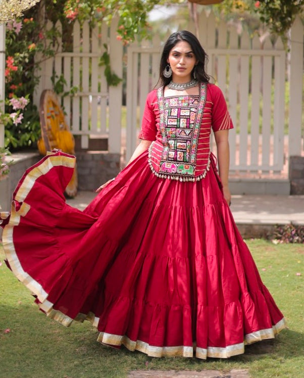 Red Pure Kora Cotton with Standard kutchi Patchwork Navratri Lehenga Choli
