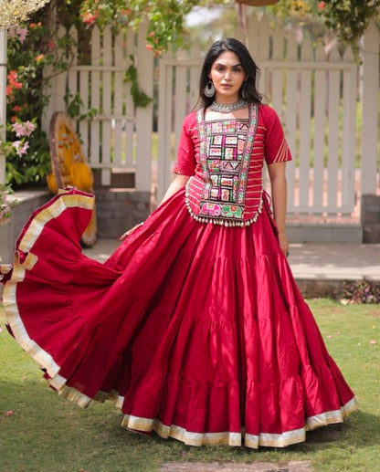 Red Pure Kora Cotton with Standard kutchi Patchwork Navratri Lehenga Choli