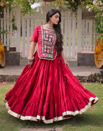 Red Pure Kora Cotton with Standard kutchi Patchwork Navratri Lehenga Choli