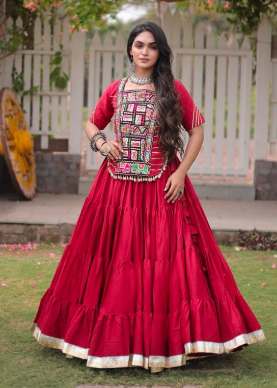 Red Pure Kora Cotton with Standard kutchi Patchwork Navratri Lehenga Choli
