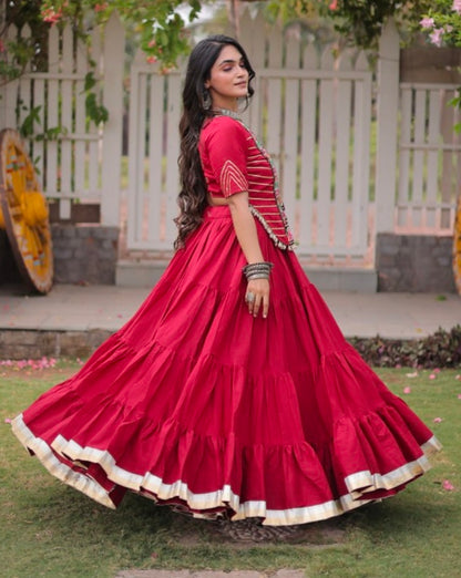 Red Pure Kora Cotton with Standard kutchi Patchwork Navratri Lehenga Choli