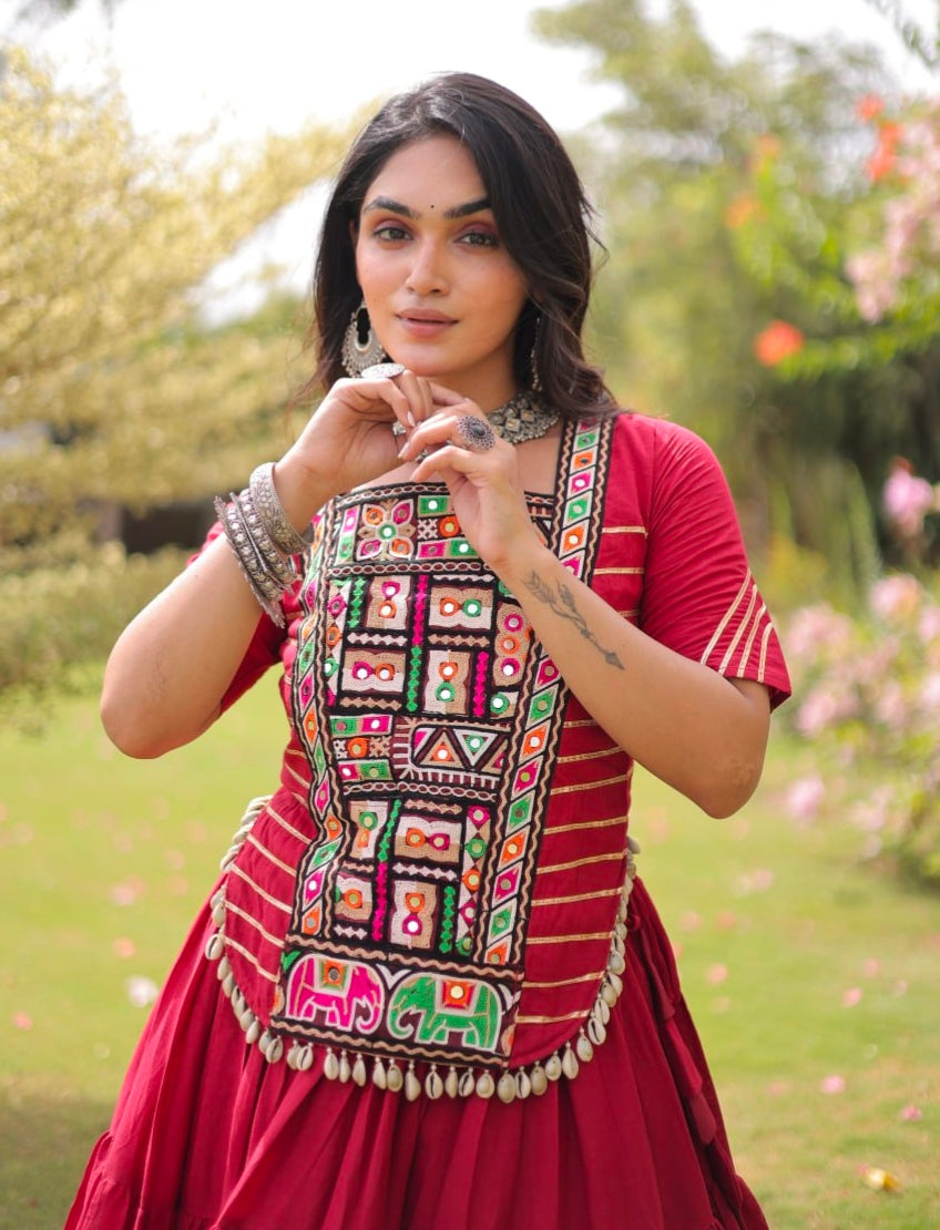 Red Pure Kora Cotton with Standard kutchi Patchwork Navratri Lehenga Choli