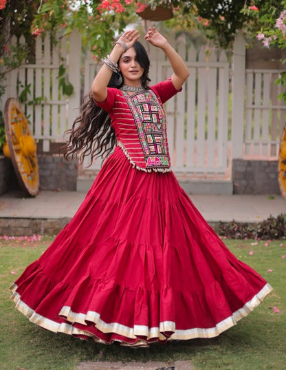 Red Pure Kora Cotton with Standard kutchi Patchwork Navratri Lehenga Choli