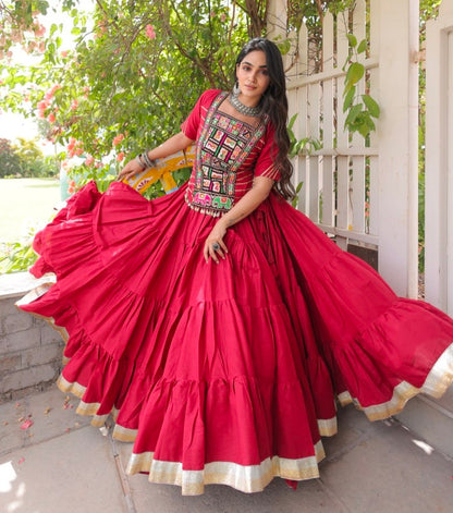 Red Pure Kora Cotton with Standard kutchi Patchwork Navratri Lehenga Choli