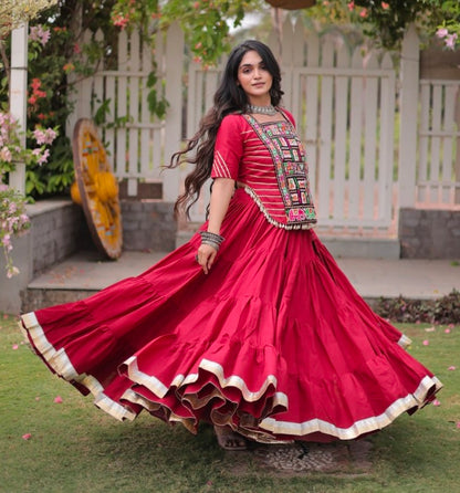Red Pure Kora Cotton with Standard kutchi Patchwork Navratri Lehenga Choli