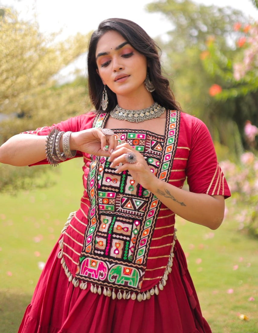 Red Pure Kora Cotton with Standard kutchi Patchwork Navratri Lehenga Choli