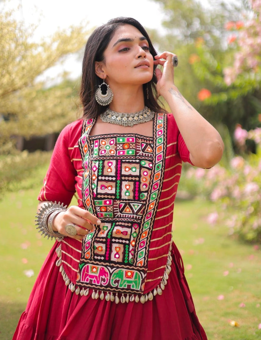 Red Pure Kora Cotton with Standard kutchi Patchwork Navratri Lehenga Choli