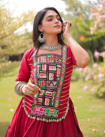Red Pure Kora Cotton with Standard kutchi Patchwork Navratri Lehenga Choli