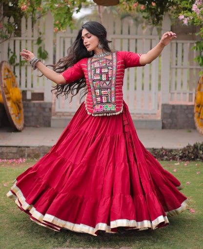 Red Pure Kora Cotton with Standard kutchi Patchwork Navratri Lehenga Choli