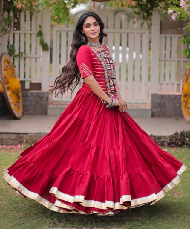 Red Pure Kora Cotton with Standard kutchi Patchwork Navratri Lehenga Choli