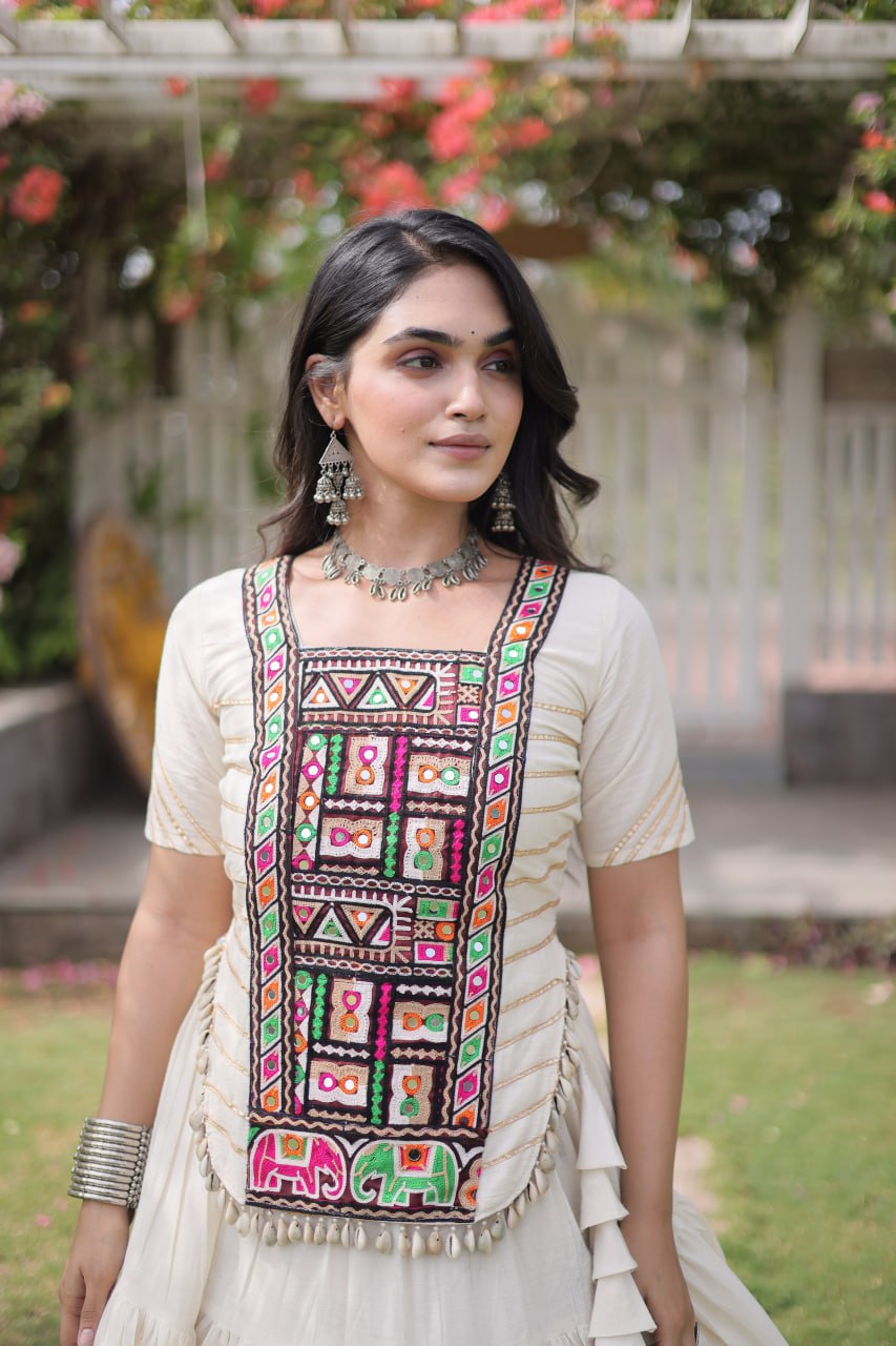 White Pure Kora Cotton with Standard kutchi Patchwork Navratri Lehenga Choli