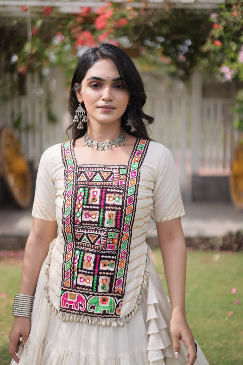 White Pure Kora Cotton with Standard kutchi Patchwork Navratri Lehenga Choli