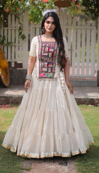 White Pure Kora Cotton with Standard kutchi Patchwork Navratri Lehenga Choli