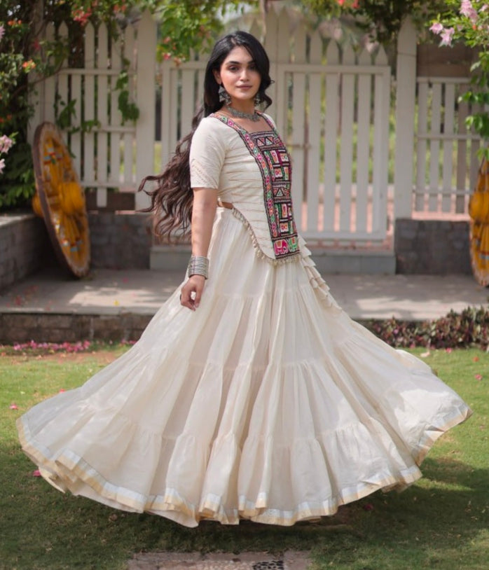 White Pure Kora Cotton with Standard kutchi Patchwork Navratri Lehenga Choli
