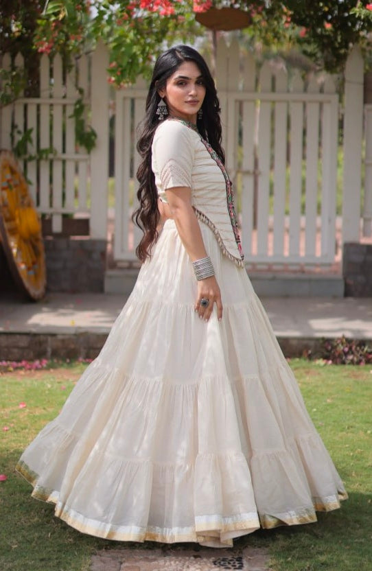 White Pure Kora Cotton with Standard kutchi Patchwork Navratri Lehenga Choli