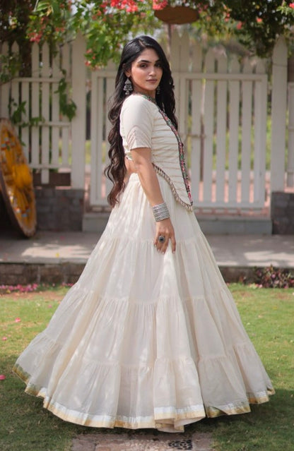 White Pure Kora Cotton with Standard kutchi Patchwork Navratri Lehenga Choli