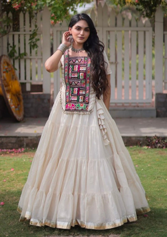 White Pure Kora Cotton with Standard kutchi Patchwork Navratri Lehenga Choli
