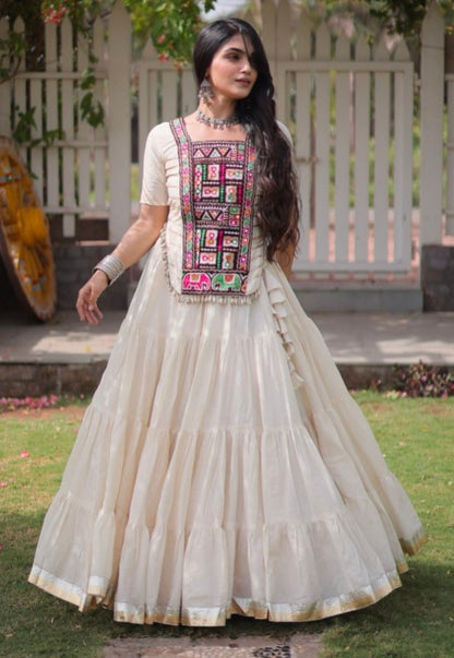 White Pure Kora Cotton with Standard kutchi Patchwork Navratri Lehenga Choli