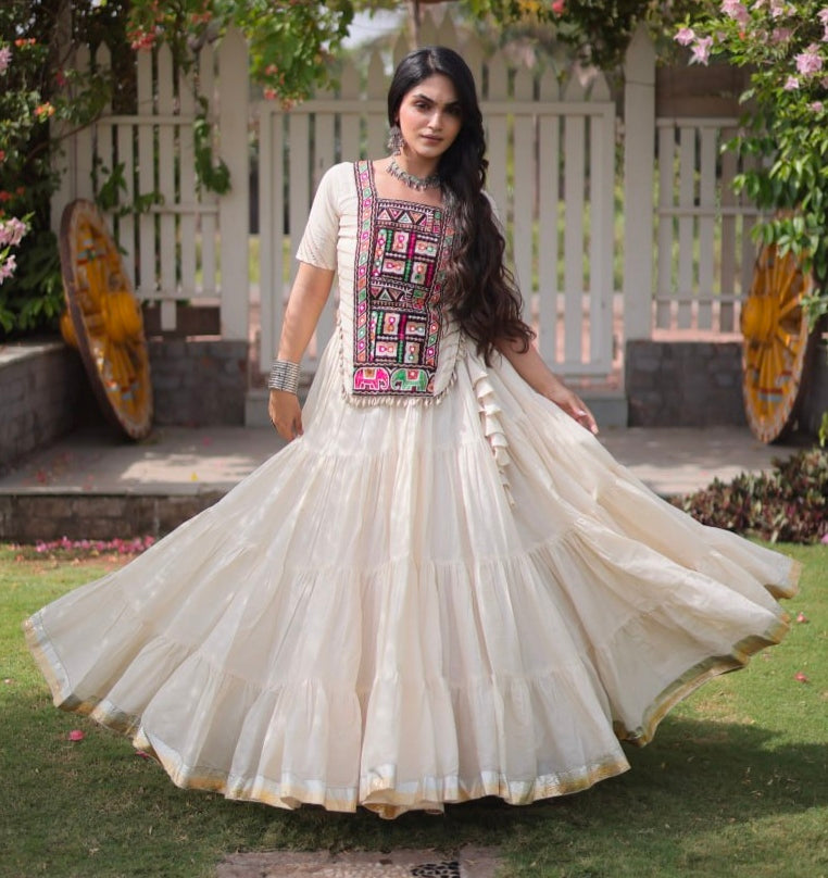 White Pure Kora Cotton with Standard kutchi Patchwork Navratri Lehenga Choli