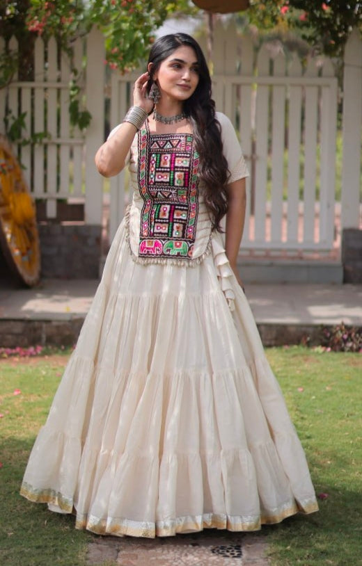 White Pure Kora Cotton with Standard kutchi Patchwork Navratri Lehenga Choli
