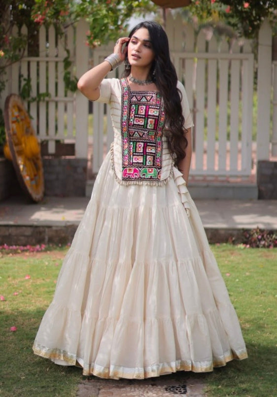 White Pure Kora Cotton with Standard kutchi Patchwork Navratri Lehenga Choli