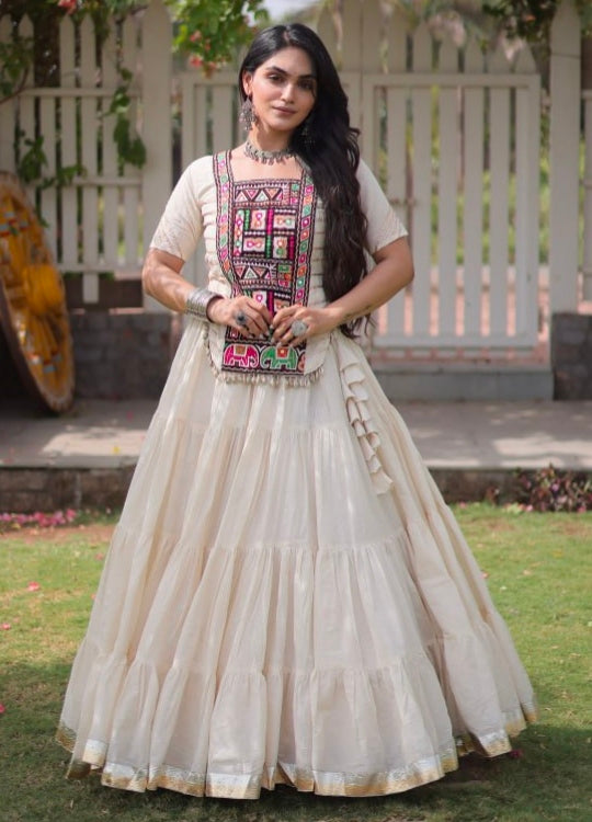 White Pure Kora Cotton with Standard kutchi Patchwork Navratri Lehenga Choli