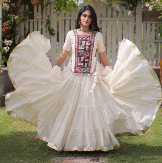 White Pure Kora Cotton with Standard kutchi Patchwork Navratri Lehenga Choli