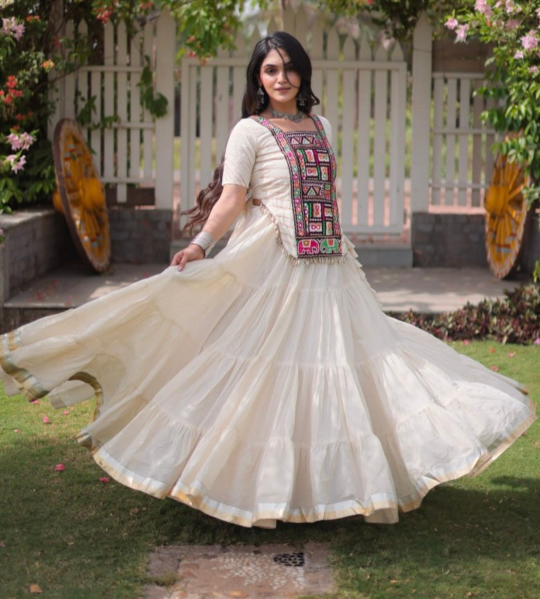 White Pure Kora Cotton with Standard kutchi Patchwork Navratri Lehenga Choli