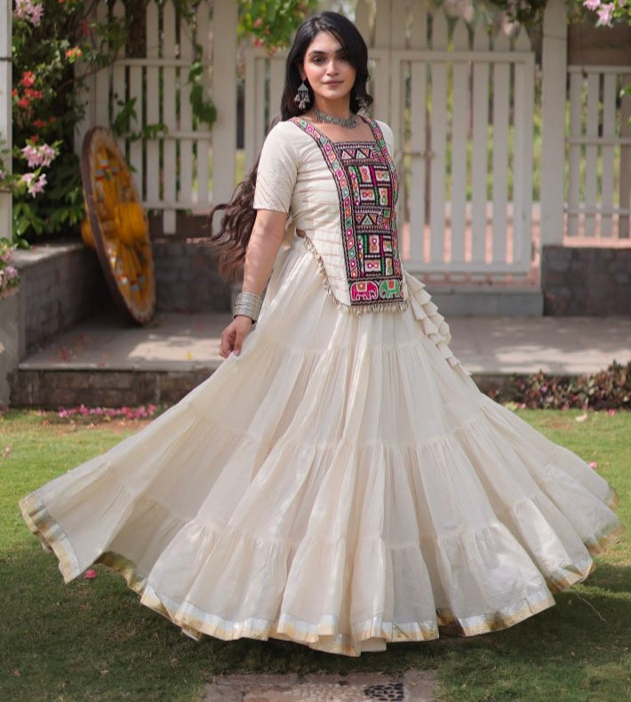 White Pure Kora Cotton with Standard kutchi Patchwork Navratri Lehenga Choli