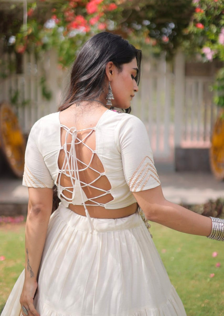 White Pure Kora Cotton with Standard kutchi Patchwork Navratri Lehenga Choli