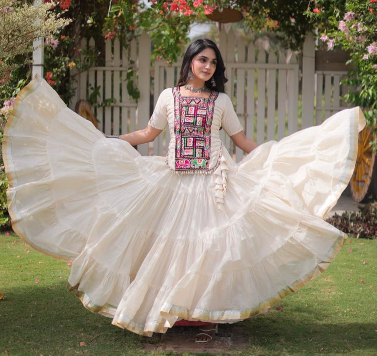 White Pure Kora Cotton with Standard kutchi Patchwork Navratri Lehenga Choli