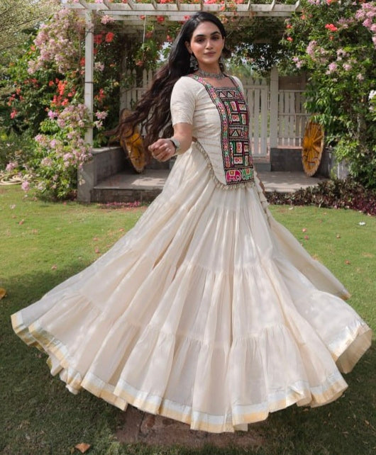 White Pure Kora Cotton with Standard kutchi Patchwork Navratri Lehenga Choli