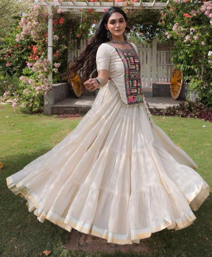 White Pure Kora Cotton with Standard kutchi Patchwork Navratri Lehenga Choli
