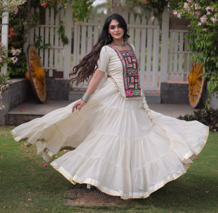 White Pure Kora Cotton with Standard kutchi Patchwork Navratri Lehenga Choli