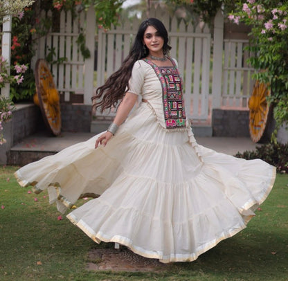 White Pure Kora Cotton with Standard kutchi Patchwork Navratri Lehenga Choli